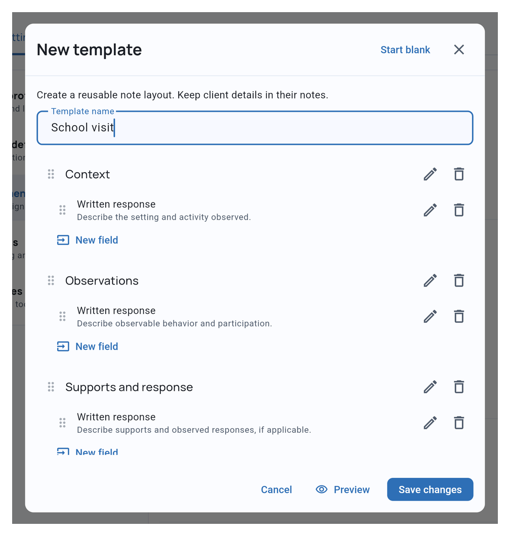 School visit template editor with reusable Context, Observations, and Supports and response sections