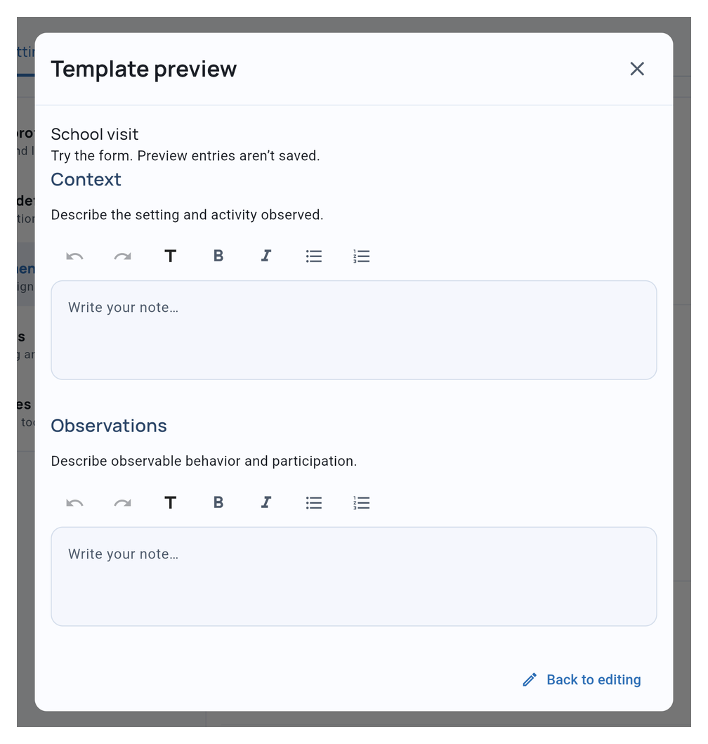 School visit template preview showing the reusable prompts and blank writing fields