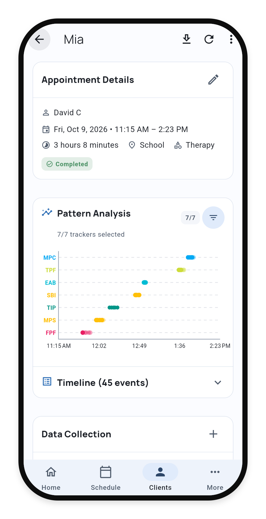 Completed Service Record with appointment details, pattern analysis, timeline, and Data Collection