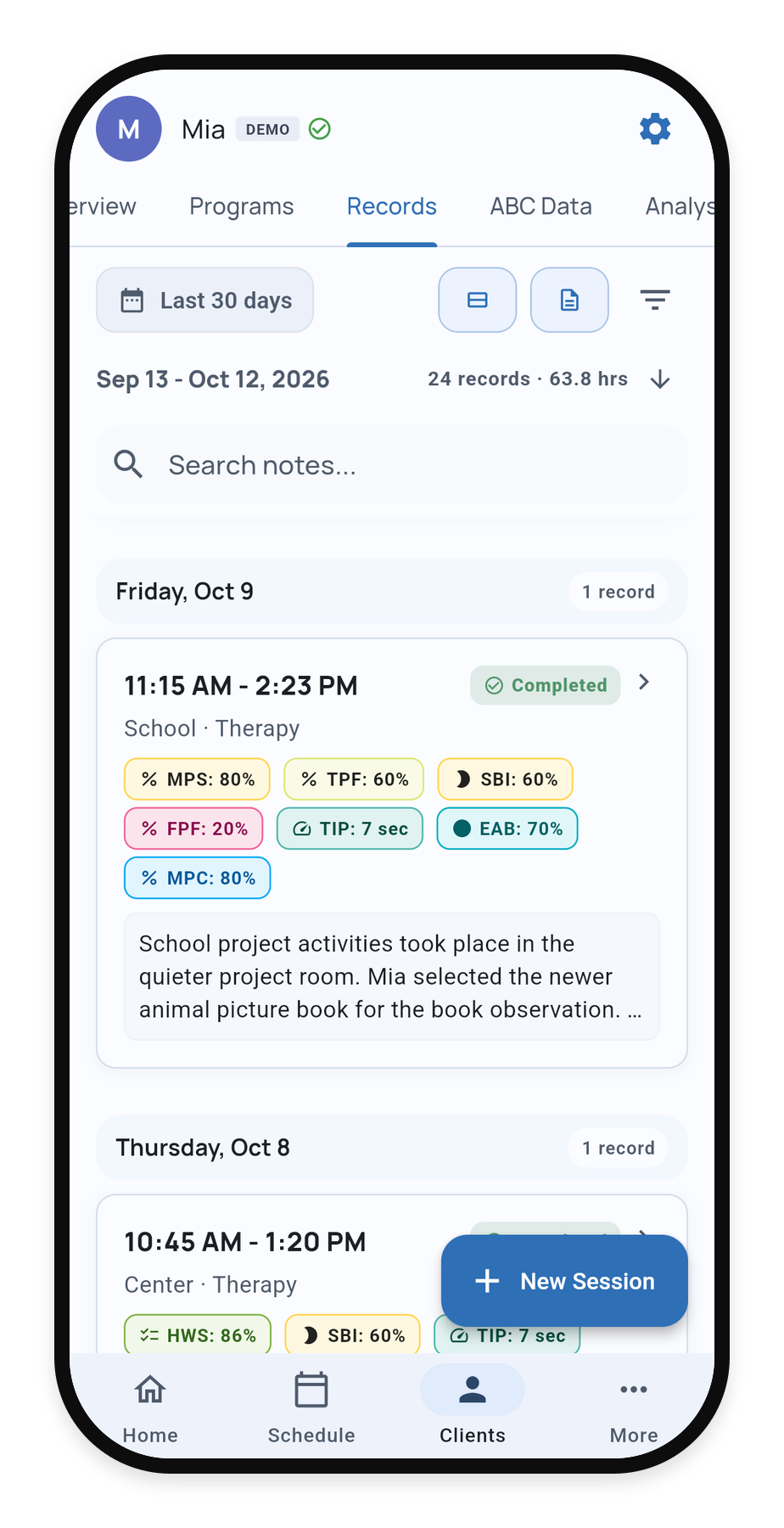 Mia’s Records tab with completed visits and data and note previews