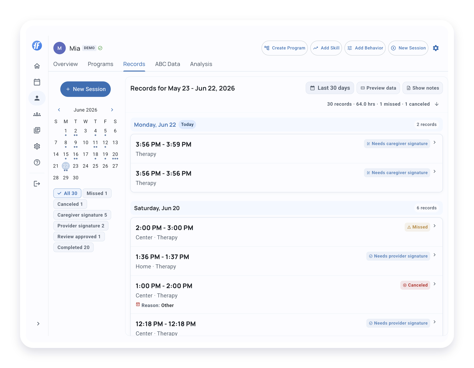 Records tab showing date range, calendar rail, filters, Preview data, Show notes, and grouped records