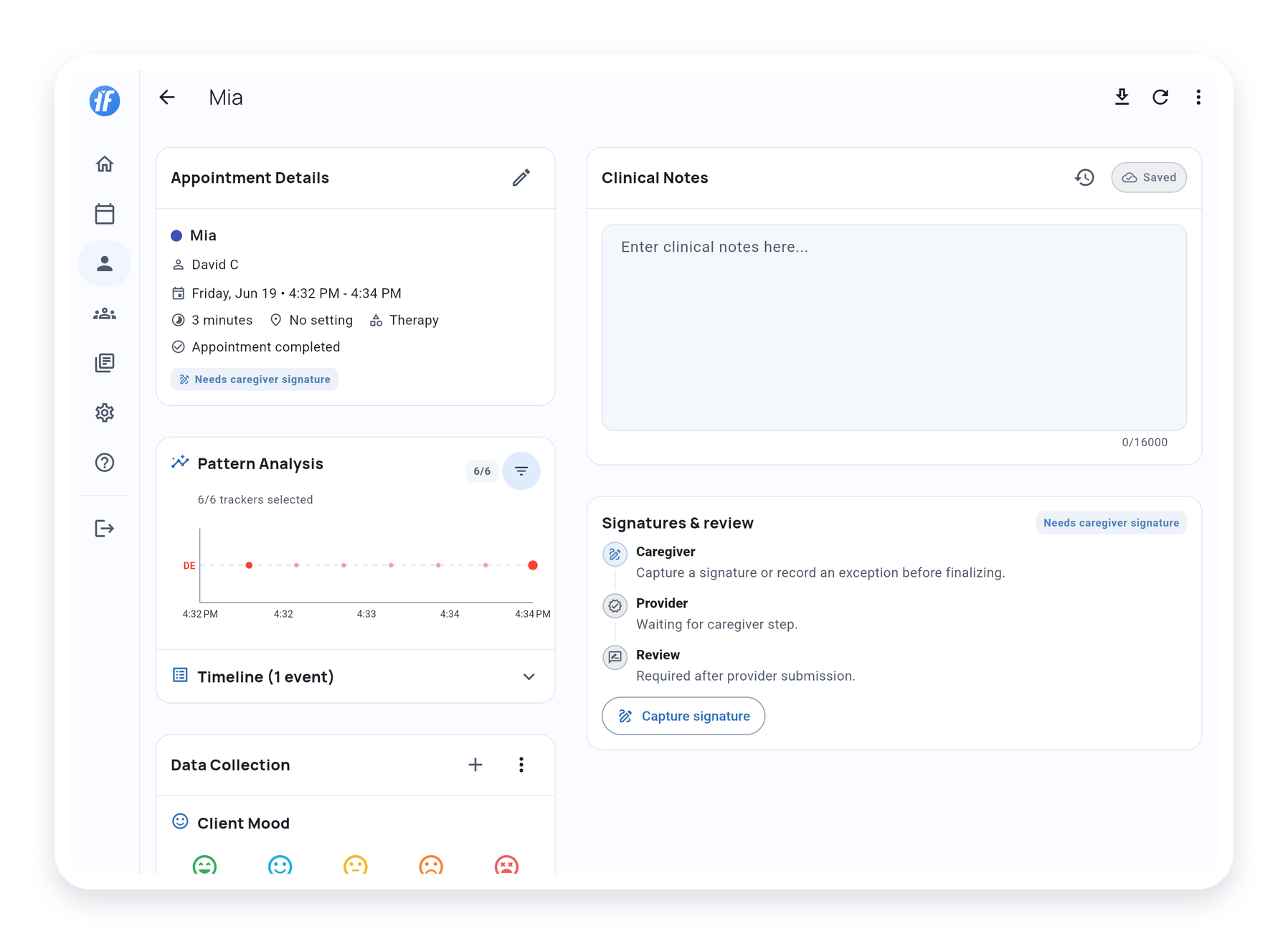 Service Record detail showing appointment facts, notes, data summary, and signature state