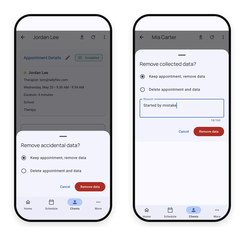 Delete service record choices for removing data or deleting appointment and data
