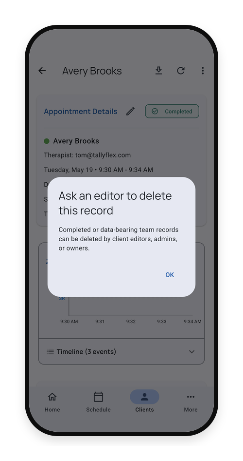 Permission message explaining that an editor, admin, or owner must delete a data-bearing team record