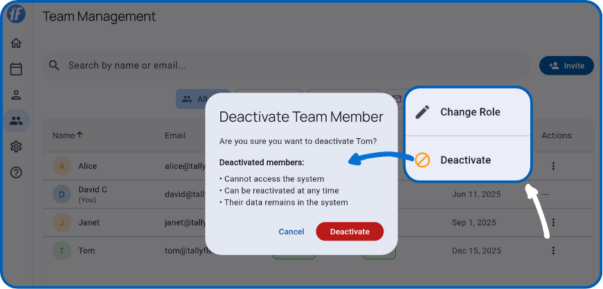Member action menu and deactivation confirmation