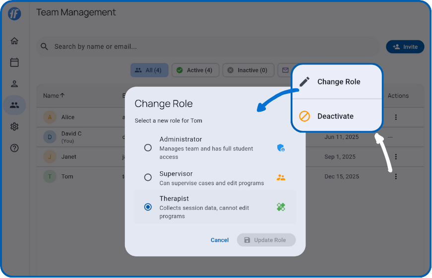 Member action menu and role selection