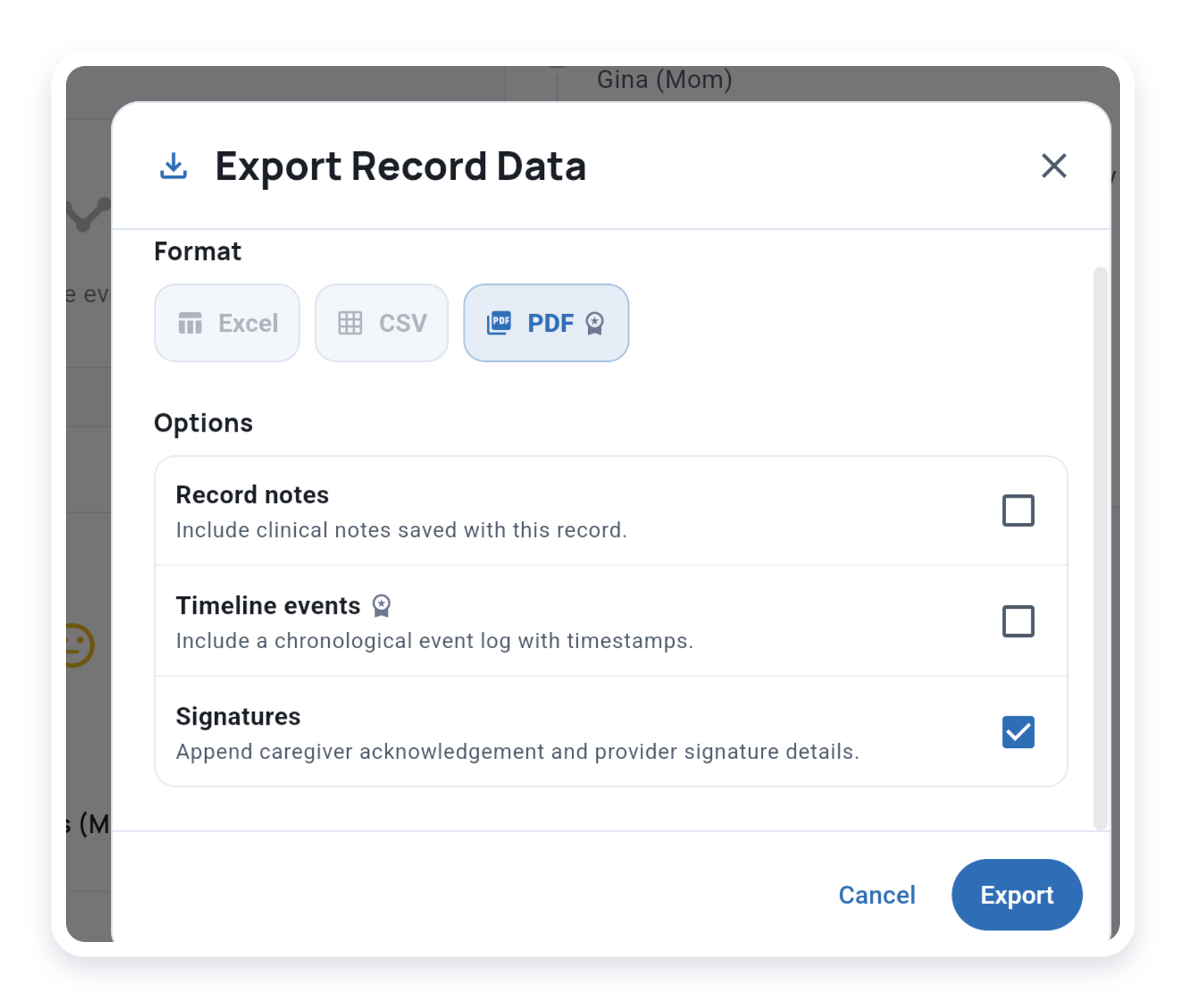 Signed PDF export dialog with PDF selected and Signatures included