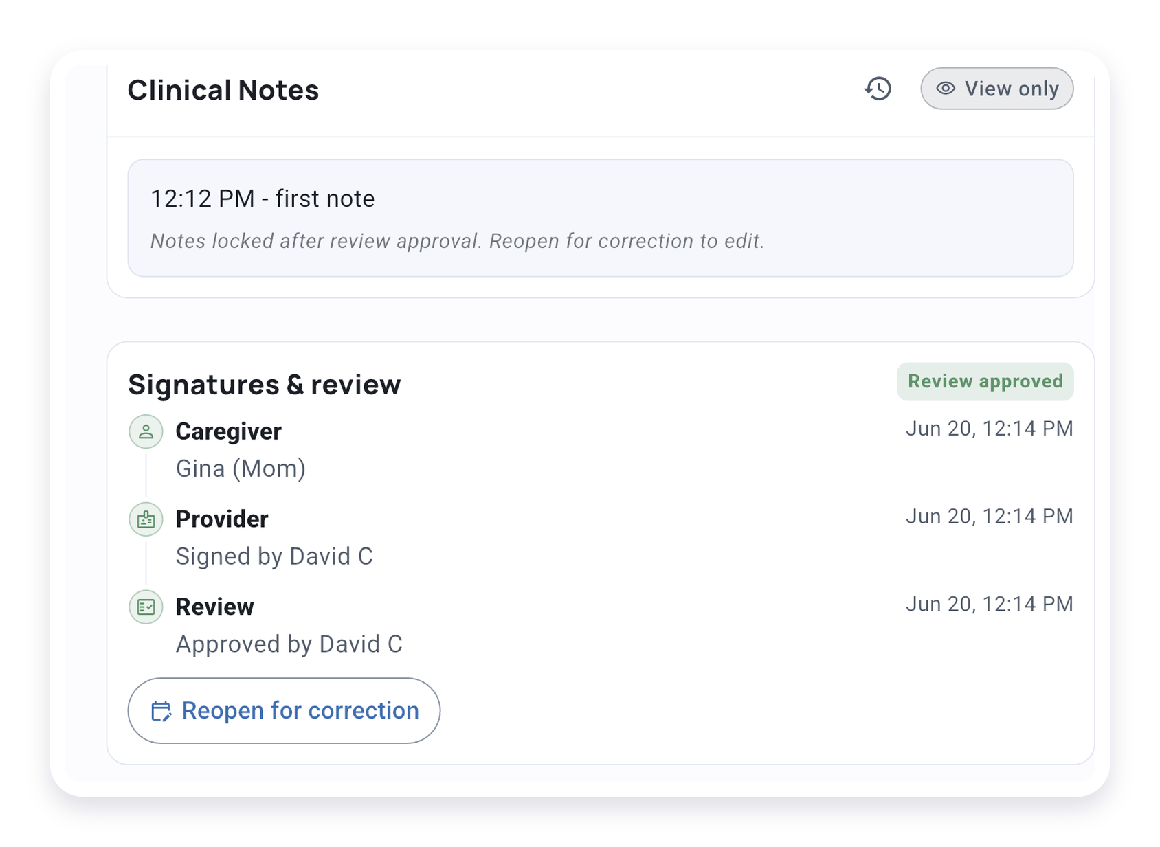 Service Record showing the Signatures and review card with caregiver, provider, and review states