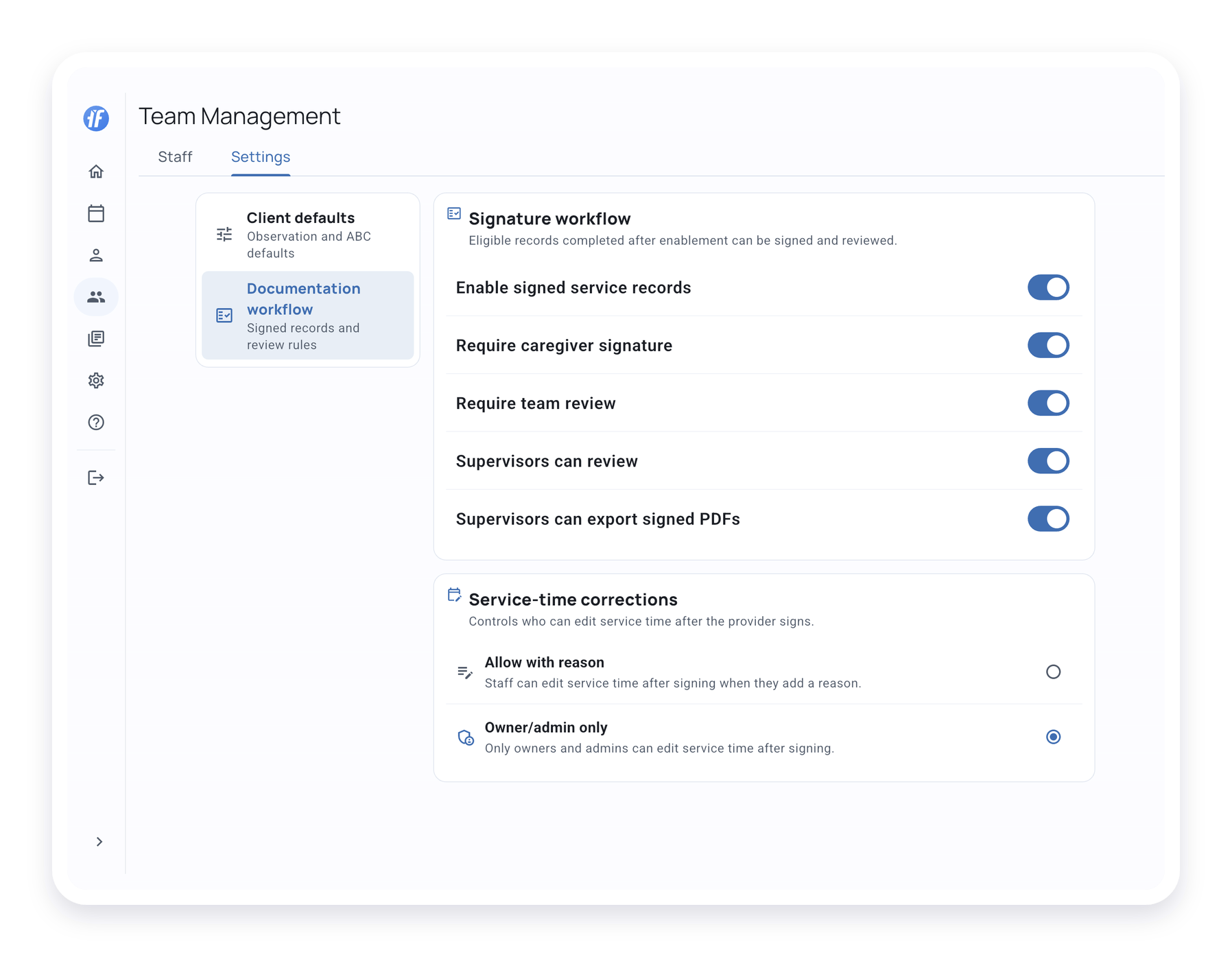 Signature workflow settings showing caregiver signatures, team review, and export permissions