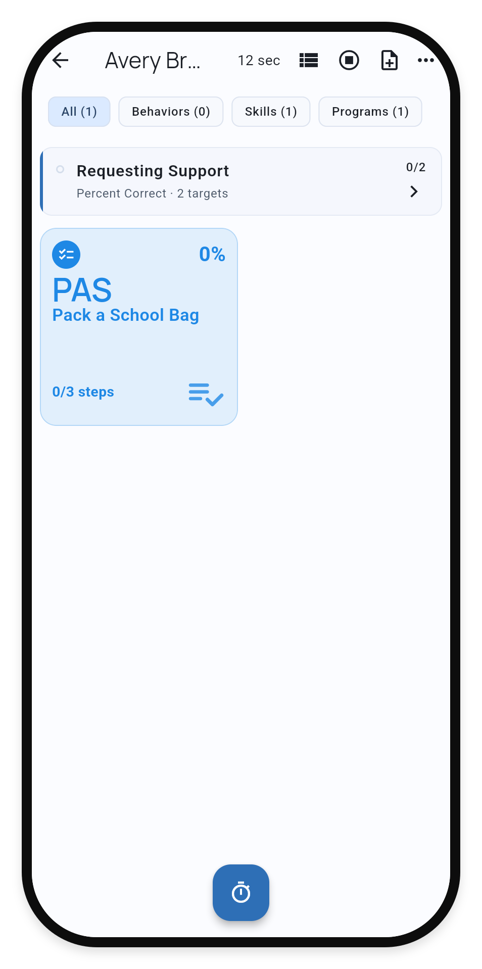 Avery’s active session showing the Pack a School Bag Task Analysis tile