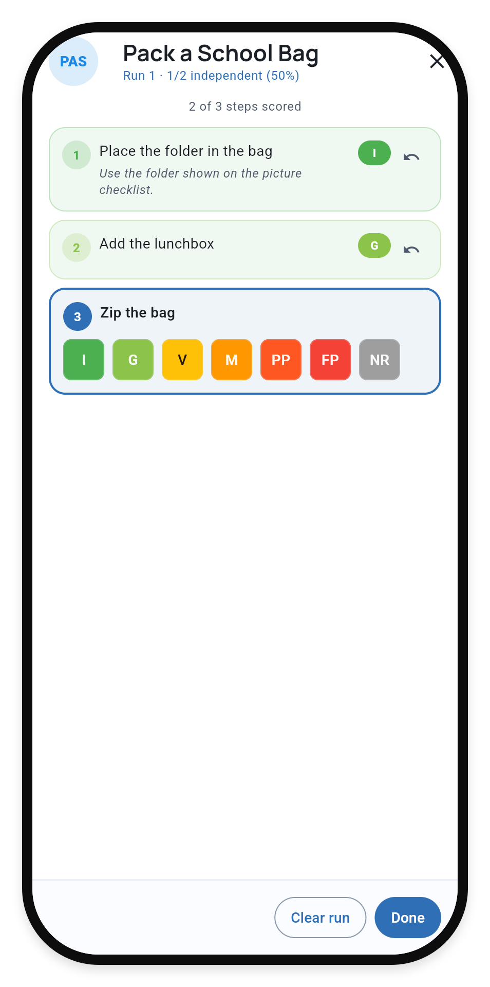 Pack a School Bag scoring view with two of three steps scored and prompt choices for Zip the bag