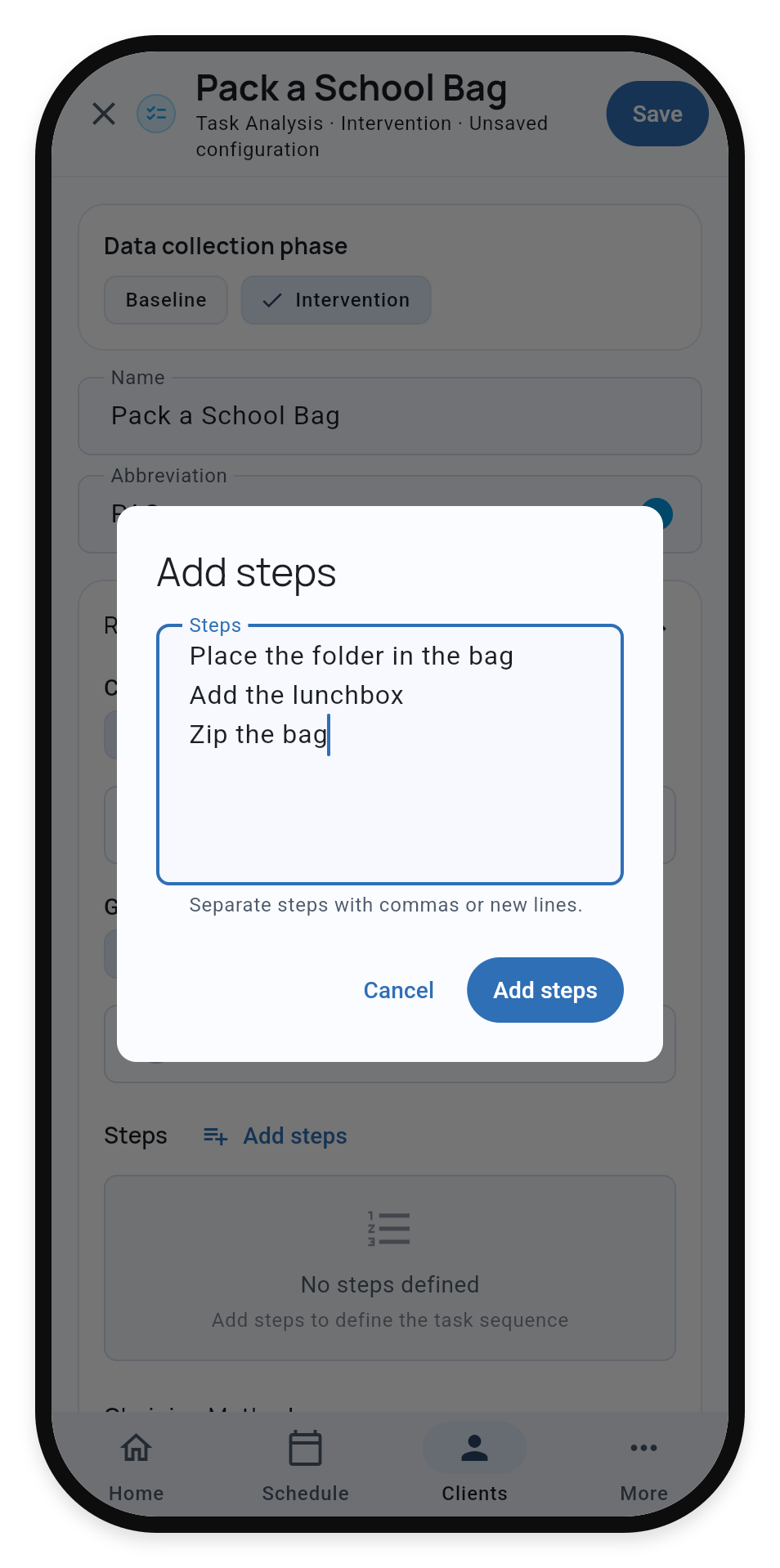 Pack a School Bag Task Analysis editor with three steps entered in Add steps
