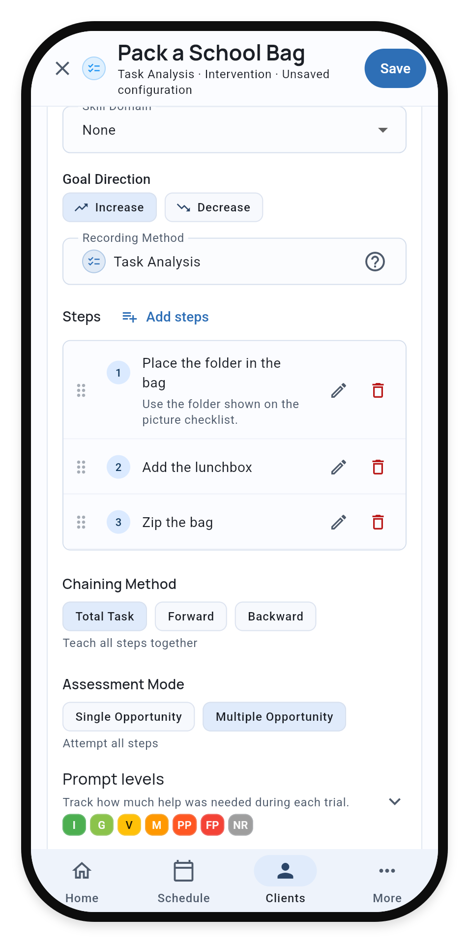 Pack a School Bag showing the three steps, a step note, Total Task chaining, Multiple Opportunity assessment and default prompt levels